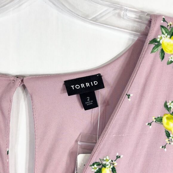 Torrid Plus Size 2X Dress Midi Challis Button Front Dress Mauve Lemon Print 1601 - Picture 13 of 16